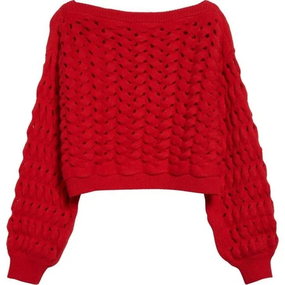 alice + olivia Allene Chunky Open Stitch Ruby Red Crop Sweater Medium NWOT $495